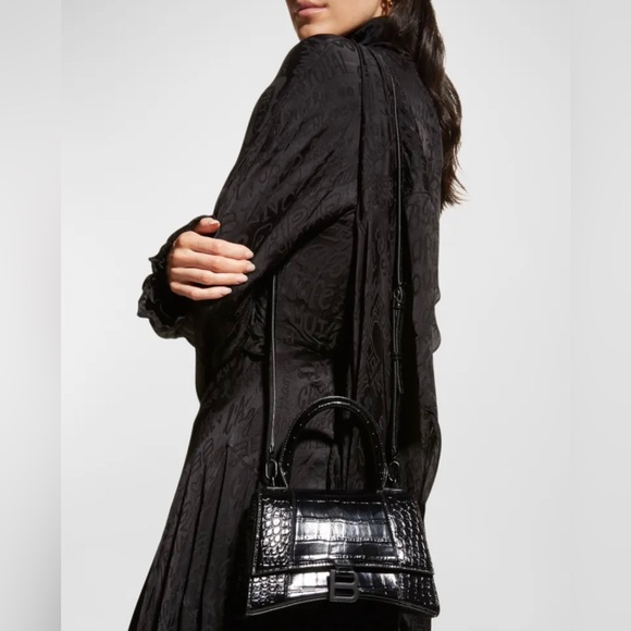 BALENCIAGA HOURGLASS SMALL HANDBAG CROCODILE EMBOSSED IN ALL BLACK - Picture 3 of 14